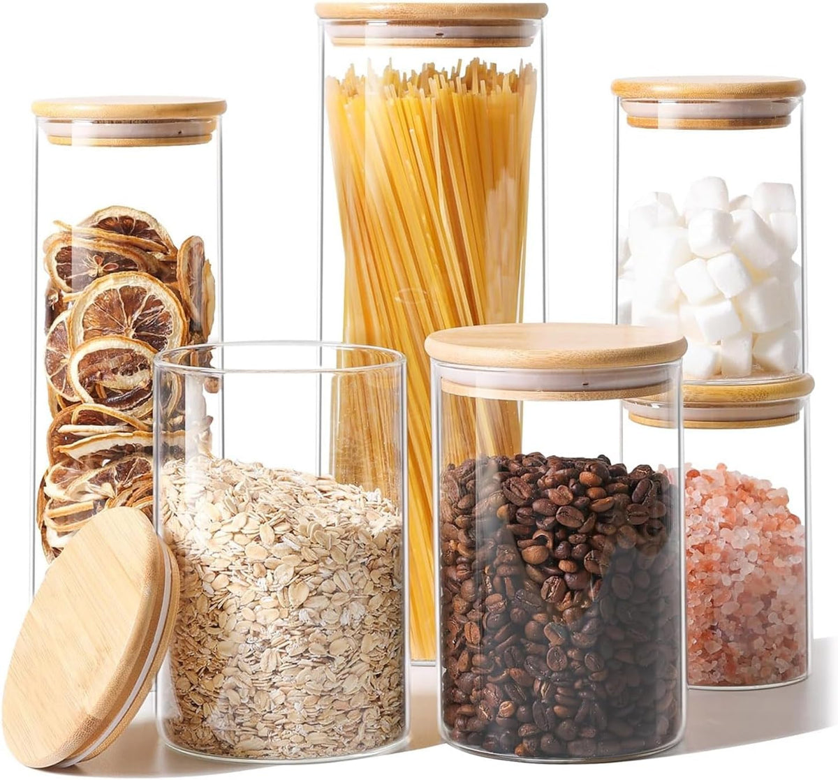 Glass Storage Containers with Lids, Set of 6 Jars (0.6Qt/1Qt/1.5Qt) | Glass Pantry Storage Containers, Pantry Organization, BPA Free, Kitchen Canisters, Dry Food Flour Cereal Sugar Tea Coffee