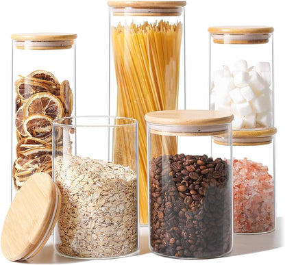 Glass Storage Containers with Lids, Set of 6 Jars (0.6Qt/1Qt/1.5Qt) | Glass Pantry Storage Containers, Pantry Organization, BPA Free, Kitchen Canisters, Dry Food Flour Cereal Sugar Tea Coffee