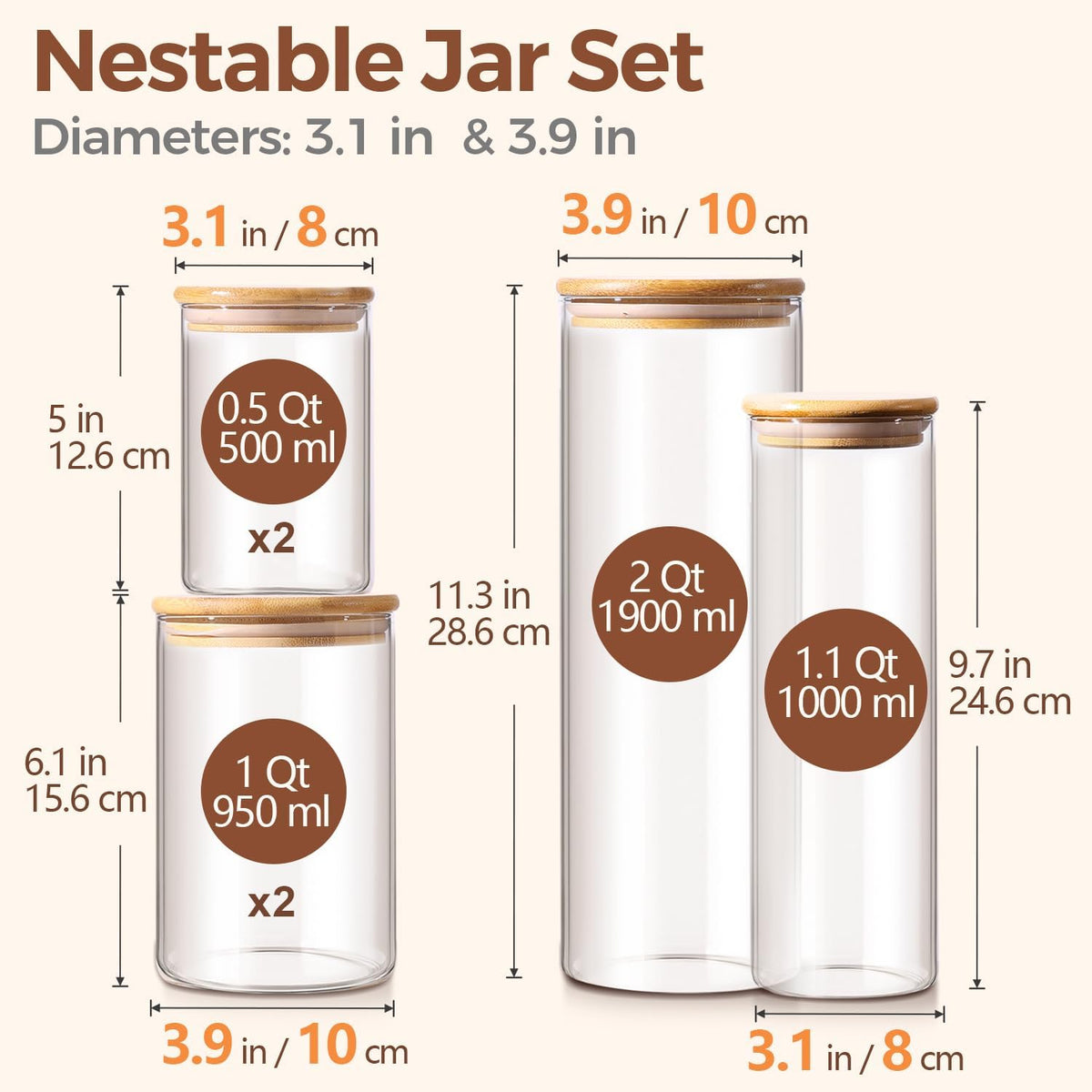 Glass Storage Containers with Lids, Set of 6 Jars (0.6Qt/1Qt/1.5Qt) | Glass Pantry Storage Containers, Pantry Organization, BPA Free, Kitchen Canisters, Dry Food Flour Cereal Sugar Tea Coffee