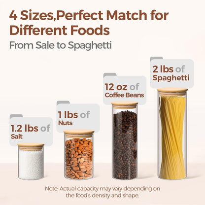 Glass Storage Containers with Lids, Set of 6 Jars (0.6Qt/1Qt/1.5Qt) | Glass Pantry Storage Containers, Pantry Organization, BPA Free, Kitchen Canisters, Dry Food Flour Cereal Sugar Tea Coffee