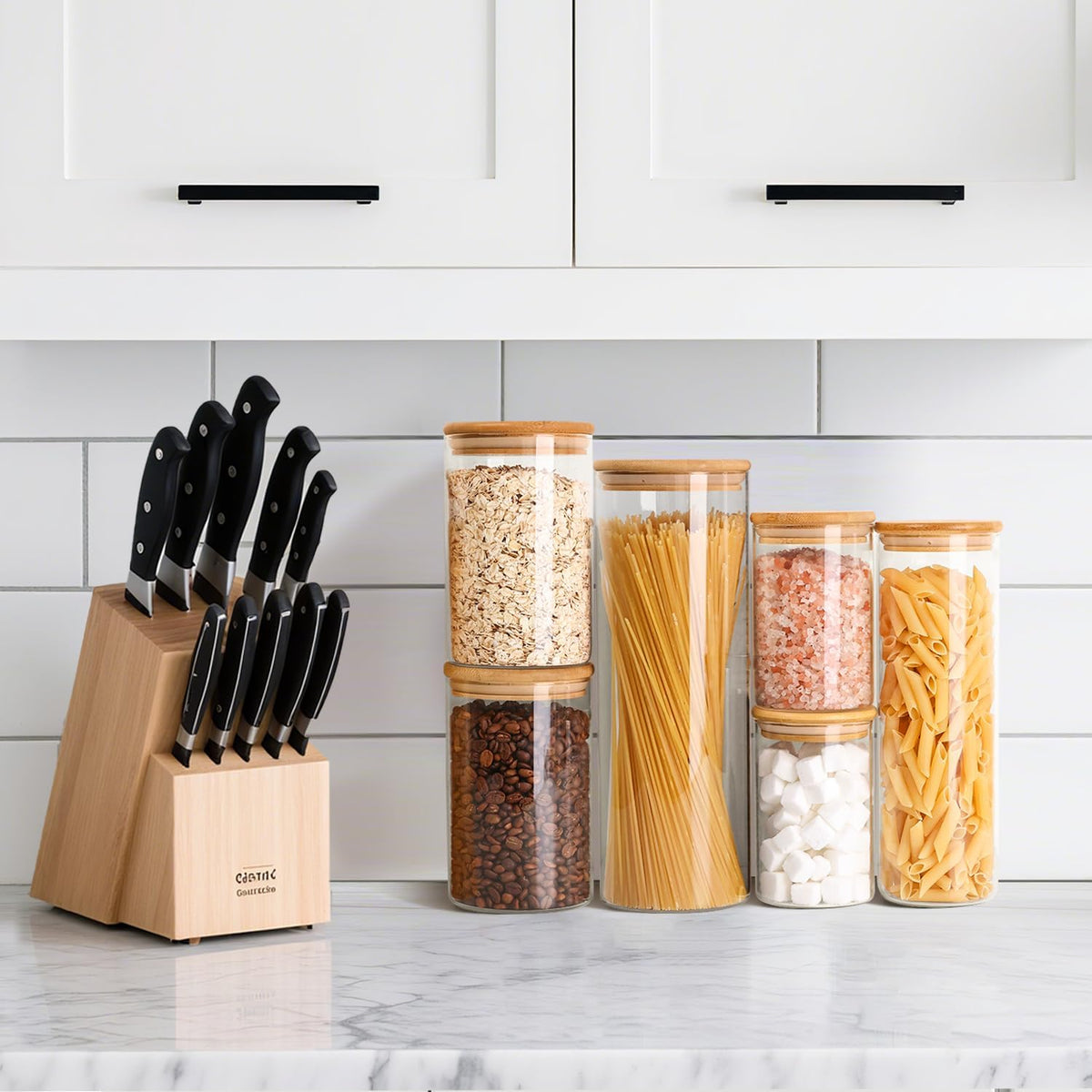 Glass Storage Containers with Lids, Set of 6 Jars (0.6Qt/1Qt/1.5Qt) | Glass Pantry Storage Containers, Pantry Organization, BPA Free, Kitchen Canisters, Dry Food Flour Cereal Sugar Tea Coffee