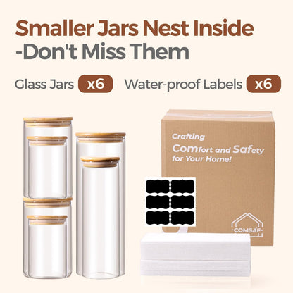 Glass Storage Containers with Lids, Set of 6 Jars (0.6Qt/1Qt/1.5Qt) | Glass Pantry Storage Containers, Pantry Organization, BPA Free, Kitchen Canisters, Dry Food Flour Cereal Sugar Tea Coffee