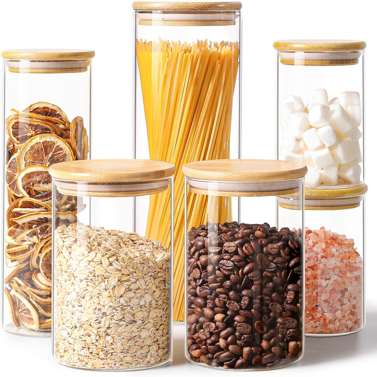 Glass Storage Containers with Lids, Set of 6 Jars (0.6Qt/1Qt/1.5Qt) | Glass Pantry Storage Containers, Pantry Organization, BPA Free, Kitchen Canisters, Dry Food Flour Cereal Sugar Tea Coffee