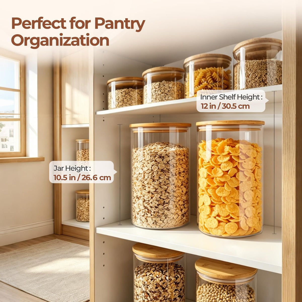 Glass Storage Containers with Lids, Set of 6 Jars (0.6Qt/1Qt/1.5Qt) | Glass Pantry Storage Containers, Pantry Organization, BPA Free, Kitchen Canisters, Dry Food Flour Cereal Sugar Tea Coffee