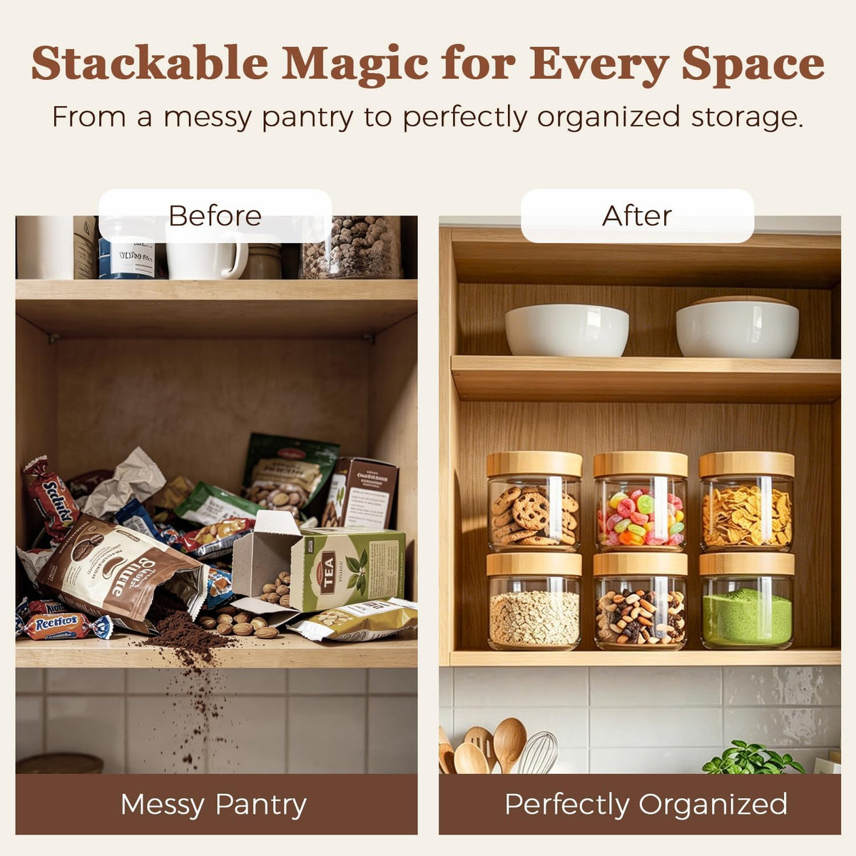 Glass Storage Containers with Lids, Set of 6 Jars (0.6Qt/1Qt/1.5Qt) | Glass Pantry Storage Containers, Pantry Organization, BPA Free, Kitchen Canisters, Dry Food Flour Cereal Sugar Tea Coffee