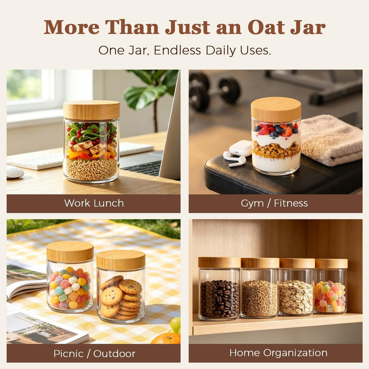 Glass Storage Containers with Lids, Set of 6 Jars (0.6Qt/1Qt/1.5Qt) | Glass Pantry Storage Containers, Pantry Organization, BPA Free, Kitchen Canisters, Dry Food Flour Cereal Sugar Tea Coffee
