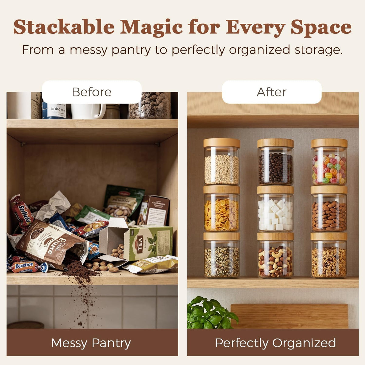 Glass Storage Containers with Lids, Set of 6 Jars (0.6Qt/1Qt/1.5Qt) | Glass Pantry Storage Containers, Pantry Organization, BPA Free, Kitchen Canisters, Dry Food Flour Cereal Sugar Tea Coffee