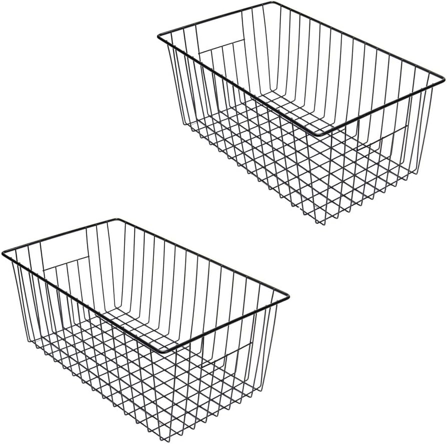 16inch Freezer Wire Storage Organizer Baskets, Household Refrigerator Bin with Built-in Handles for Cabinet, Pantry, Closet, Bedroom Black
