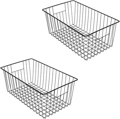 16inch Freezer Wire Storage Organizer Baskets, Household Refrigerator Bin with Built-in Handles for Cabinet, Pantry, Closet, Bedroom Black