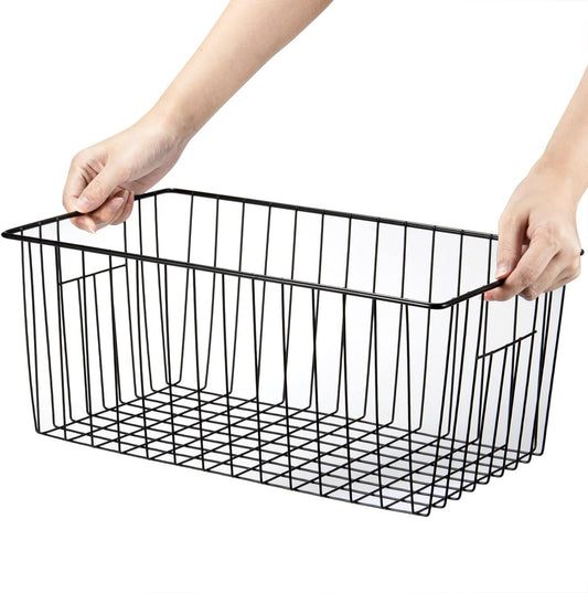 16inch Freezer Wire Storage Organizer Baskets, Household Refrigerator Bin with Built-in Handles for Cabinet, Pantry, Closet, Bedroom Black