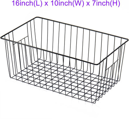 16inch Freezer Wire Storage Organizer Baskets, Household Refrigerator Bin with Built-in Handles for Cabinet, Pantry, Closet, Bedroom Black