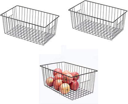 16inch Freezer Wire Storage Organizer Baskets, Household Refrigerator Bin with Built-in Handles for Cabinet, Pantry, Closet, Bedroom Black