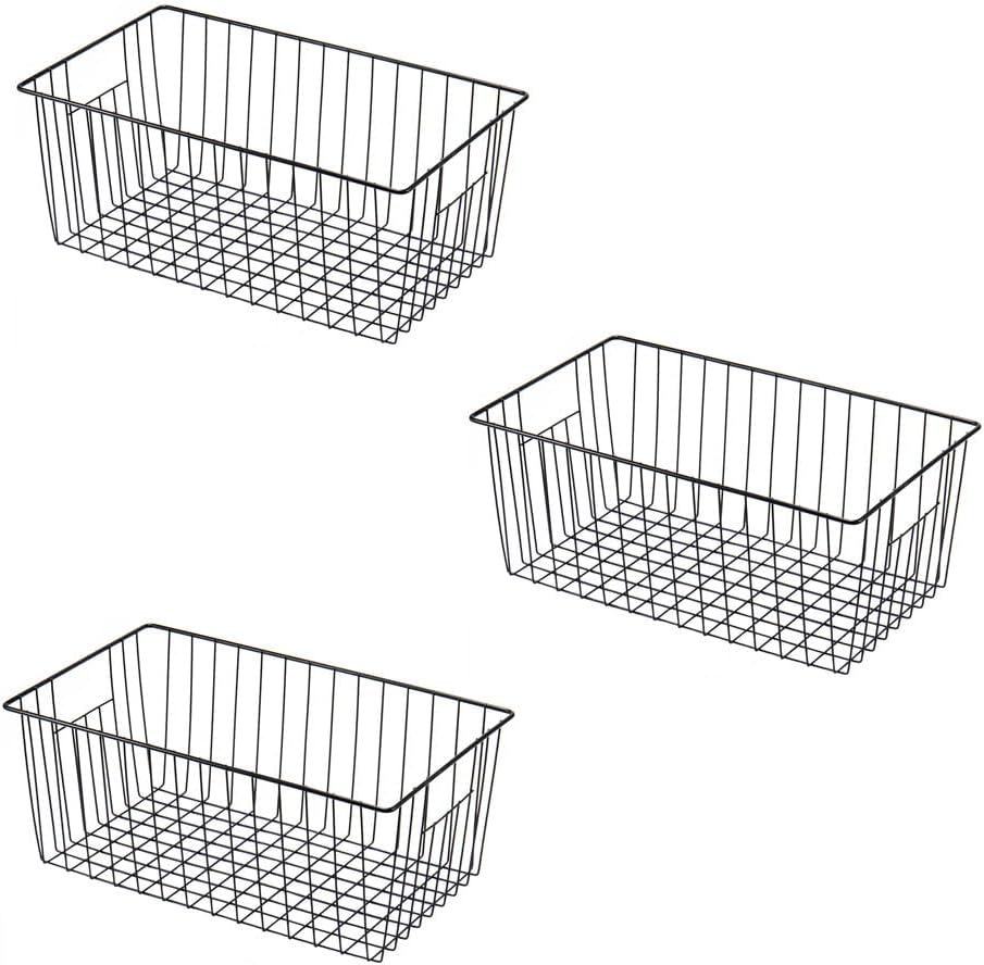 16inch Freezer Wire Storage Organizer Baskets, Household Refrigerator Bin with Built-in Handles for Cabinet, Pantry, Closet, Bedroom Black