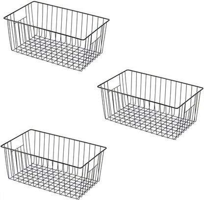 16inch Freezer Wire Storage Organizer Baskets, Household Refrigerator Bin with Built-in Handles for Cabinet, Pantry, Closet, Bedroom Black