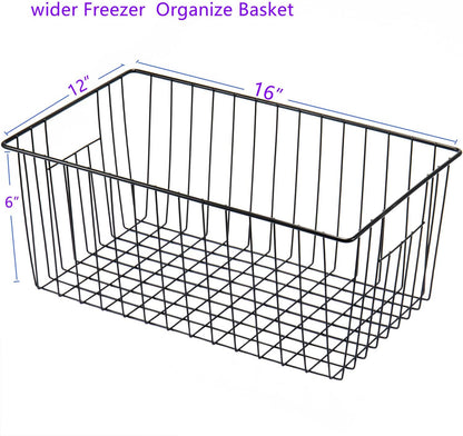 16inch Freezer Wire Storage Organizer Baskets, Household Refrigerator Bin with Built-in Handles for Cabinet, Pantry, Closet, Bedroom Black