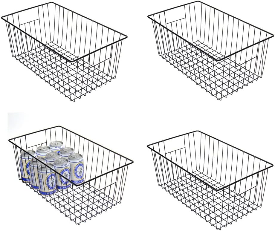 16inch Freezer Wire Storage Organizer Baskets, Household Refrigerator Bin with Built-in Handles for Cabinet, Pantry, Closet, Bedroom Black