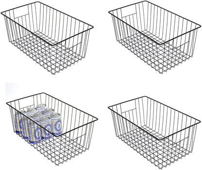 16inch Freezer Wire Storage Organizer Baskets, Household Refrigerator Bin with Built-in Handles for Cabinet, Pantry, Closet, Bedroom Black
