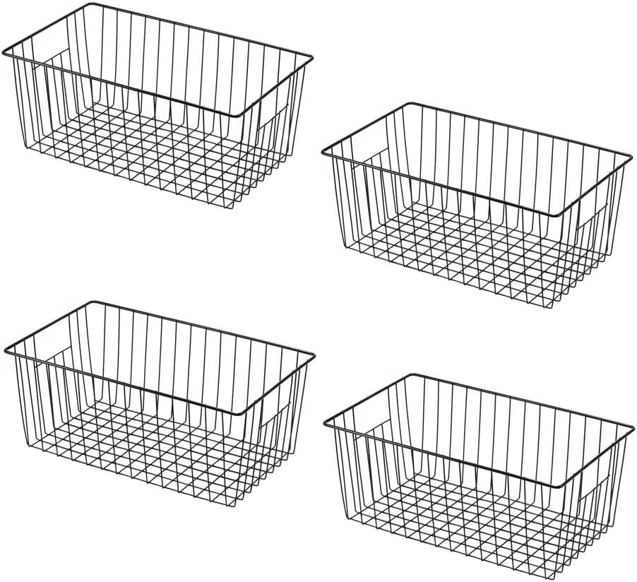 16inch Freezer Wire Storage Organizer Baskets, Household Refrigerator Bin with Built-in Handles for Cabinet, Pantry, Closet, Bedroom Black