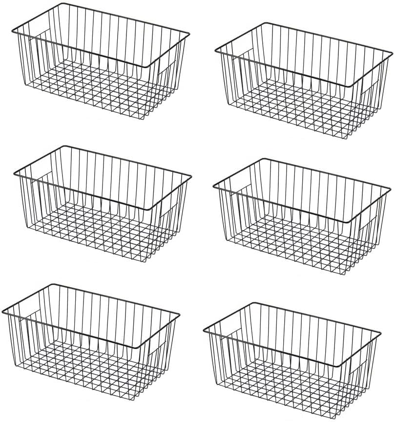 16inch Freezer Wire Storage Organizer Baskets, Household Refrigerator Bin with Built-in Handles for Cabinet, Pantry, Closet, Bedroom Black