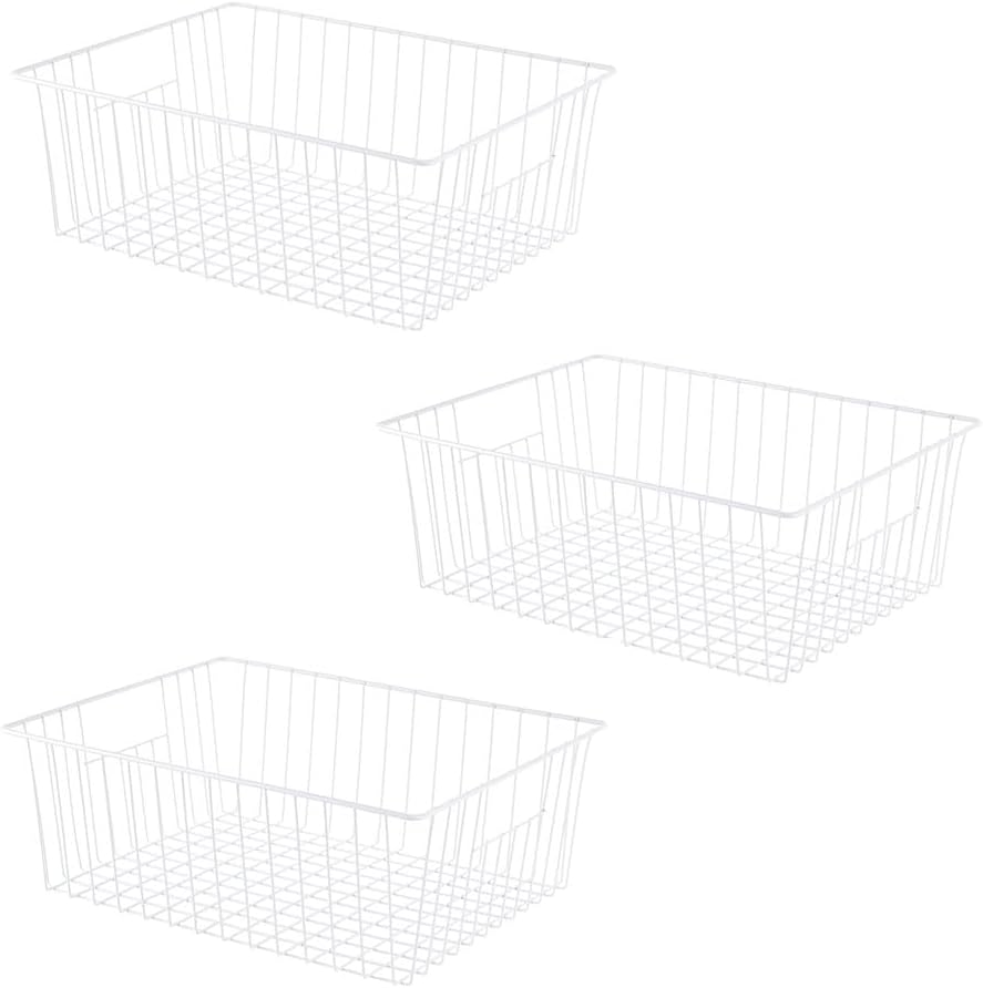 16inch Freezer Wire Storage Organizer Baskets, Household Refrigerator Bin with Built-in Handles for Cabinet, Pantry, Closet, Bedroom Black