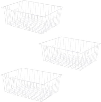 16inch Freezer Wire Storage Organizer Baskets, Household Refrigerator Bin with Built-in Handles for Cabinet, Pantry, Closet, Bedroom Black