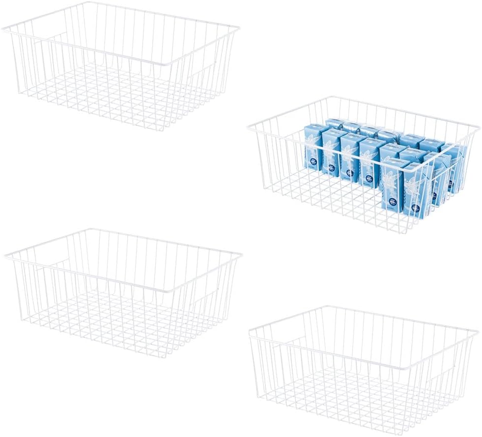 16inch Freezer Wire Storage Organizer Baskets, Household Refrigerator Bin with Built-in Handles for Cabinet, Pantry, Closet, Bedroom Black