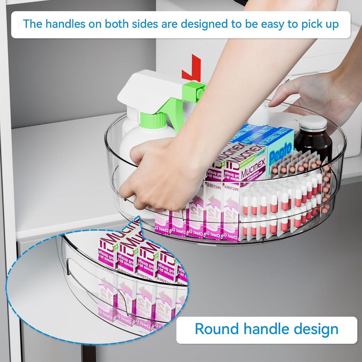 12" W Clear Acrylic Lazy Susan Turntable for Cabinet,Refrigerator,Pantry and Kitchen - with Handle - Large Fridge Sauce Condiment Turn Table Organizer,Spinning Round Spice Rack Carousel