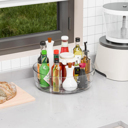 12" W Clear Acrylic Lazy Susan Turntable for Cabinet,Refrigerator,Pantry and Kitchen - with Handle - Large Fridge Sauce Condiment Turn Table Organizer,Spinning Round Spice Rack Carousel