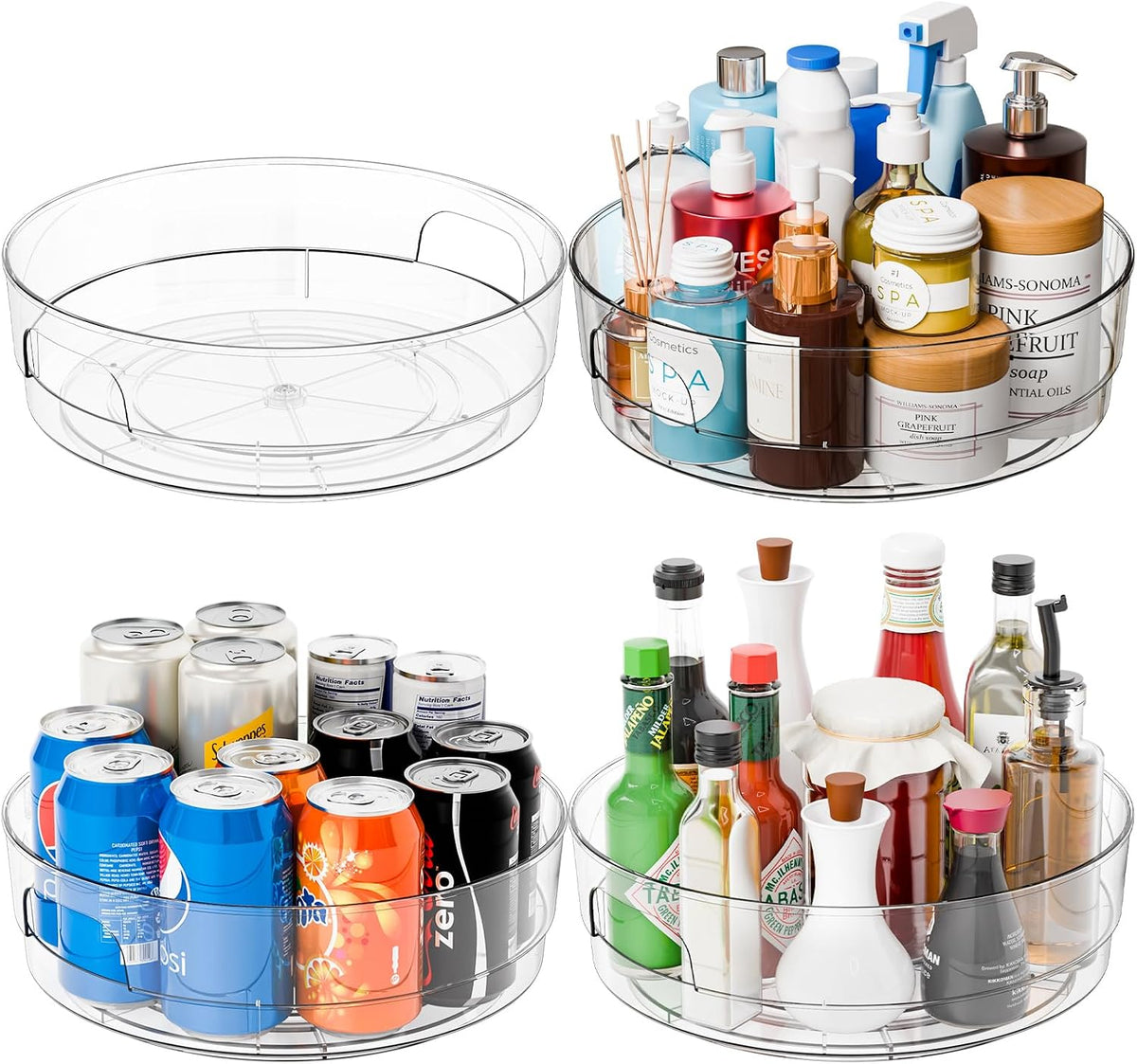 12" W Clear Acrylic Lazy Susan Turntable for Cabinet,Refrigerator,Pantry and Kitchen - with Handle - Large Fridge Sauce Condiment Turn Table Organizer,Spinning Round Spice Rack Carousel