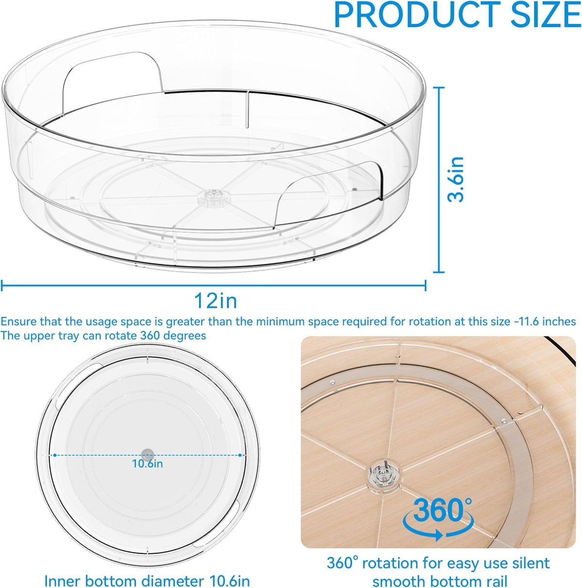 12" W Clear Acrylic Lazy Susan Turntable for Cabinet,Refrigerator,Pantry and Kitchen - with Handle - Large Fridge Sauce Condiment Turn Table Organizer,Spinning Round Spice Rack Carousel