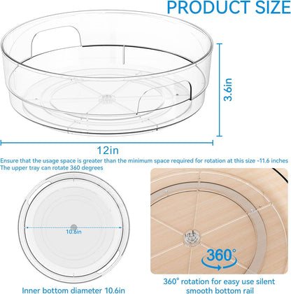 12" W Clear Acrylic Lazy Susan Turntable for Cabinet,Refrigerator,Pantry and Kitchen - with Handle - Large Fridge Sauce Condiment Turn Table Organizer,Spinning Round Spice Rack Carousel