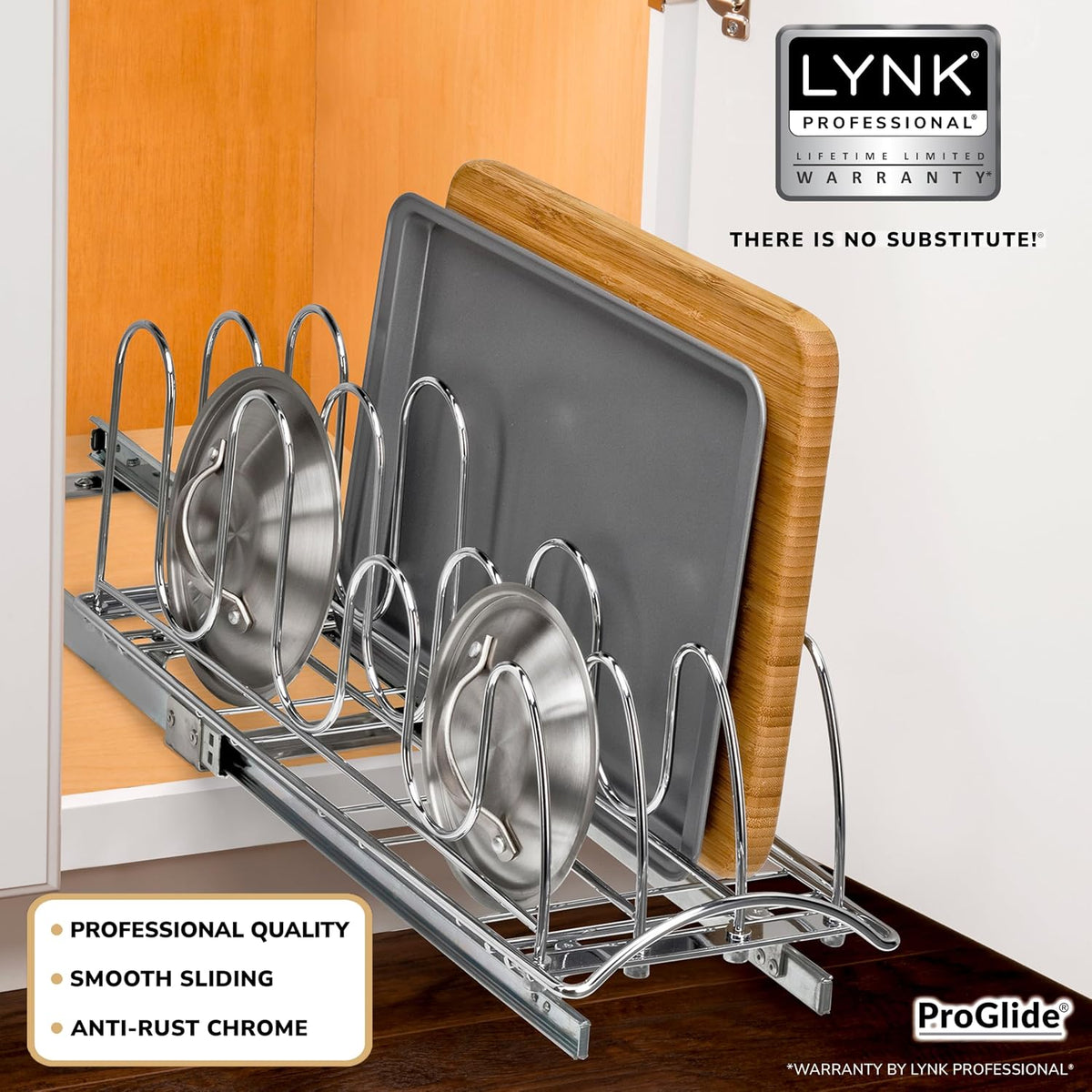 ® Pull Out Pot and Pan Lid Organizer Inside Cabinet - Lifetime Ltd. Warranty – Cookie Sheet Organizer for Cabinet – Slide Out Baking Sheet Organizer - 14W x 21D, Extra-Large, Chrome