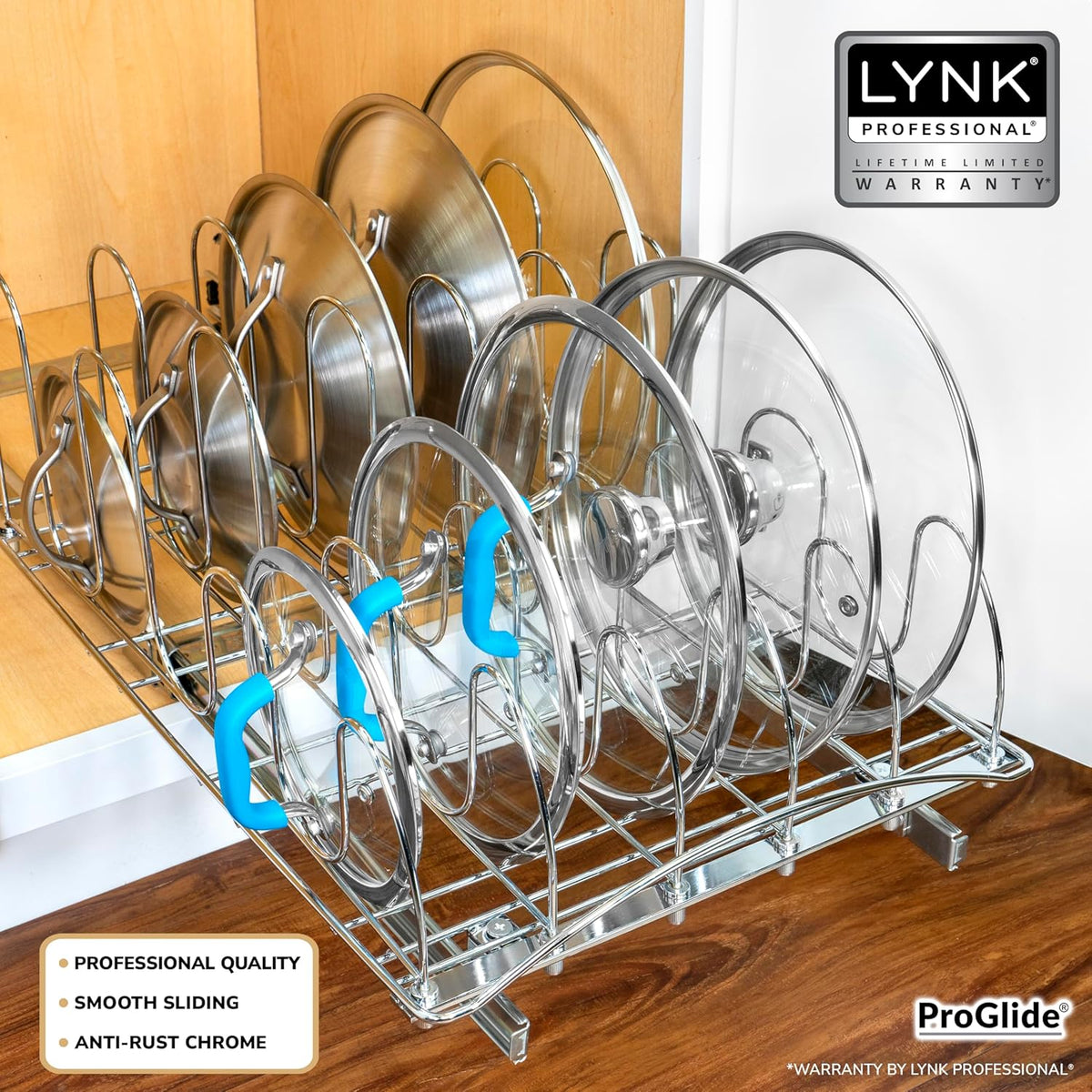® Pull Out Pot and Pan Lid Organizer Inside Cabinet - Lifetime Ltd. Warranty – Cookie Sheet Organizer for Cabinet – Slide Out Baking Sheet Organizer - 14W x 21D, Extra-Large, Chrome