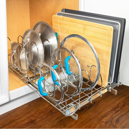 ® Pull Out Pot and Pan Lid Organizer Inside Cabinet - Lifetime Ltd. Warranty – Cookie Sheet Organizer for Cabinet – Slide Out Baking Sheet Organizer - 14W x 21D, Extra-Large, Chrome