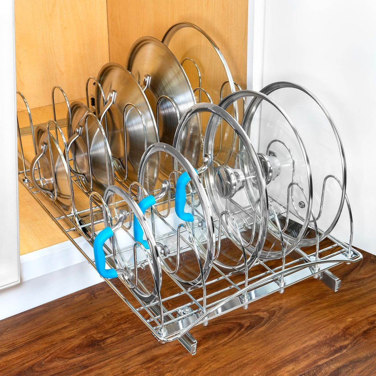 ® Pull Out Pot and Pan Lid Organizer Inside Cabinet - Lifetime Ltd. Warranty – Cookie Sheet Organizer for Cabinet – Slide Out Baking Sheet Organizer - 14W x 21D, Extra-Large, Chrome