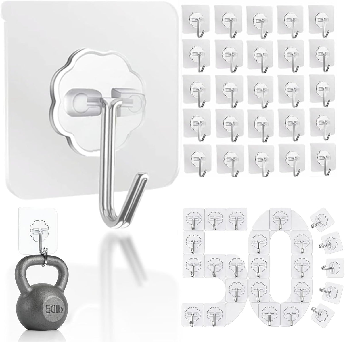 Adhesive Wall Hooks Heavy Duty 50LB Clear Hook 24 Pack for Hanging