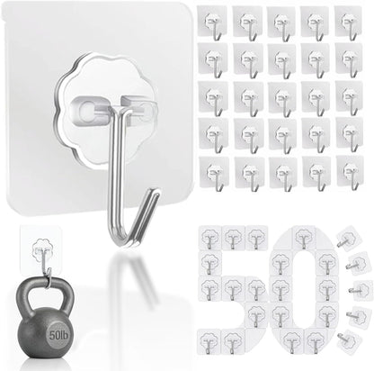 Adhesive Wall Hooks Heavy Duty 50LB Clear Hook 24 Pack for Hanging