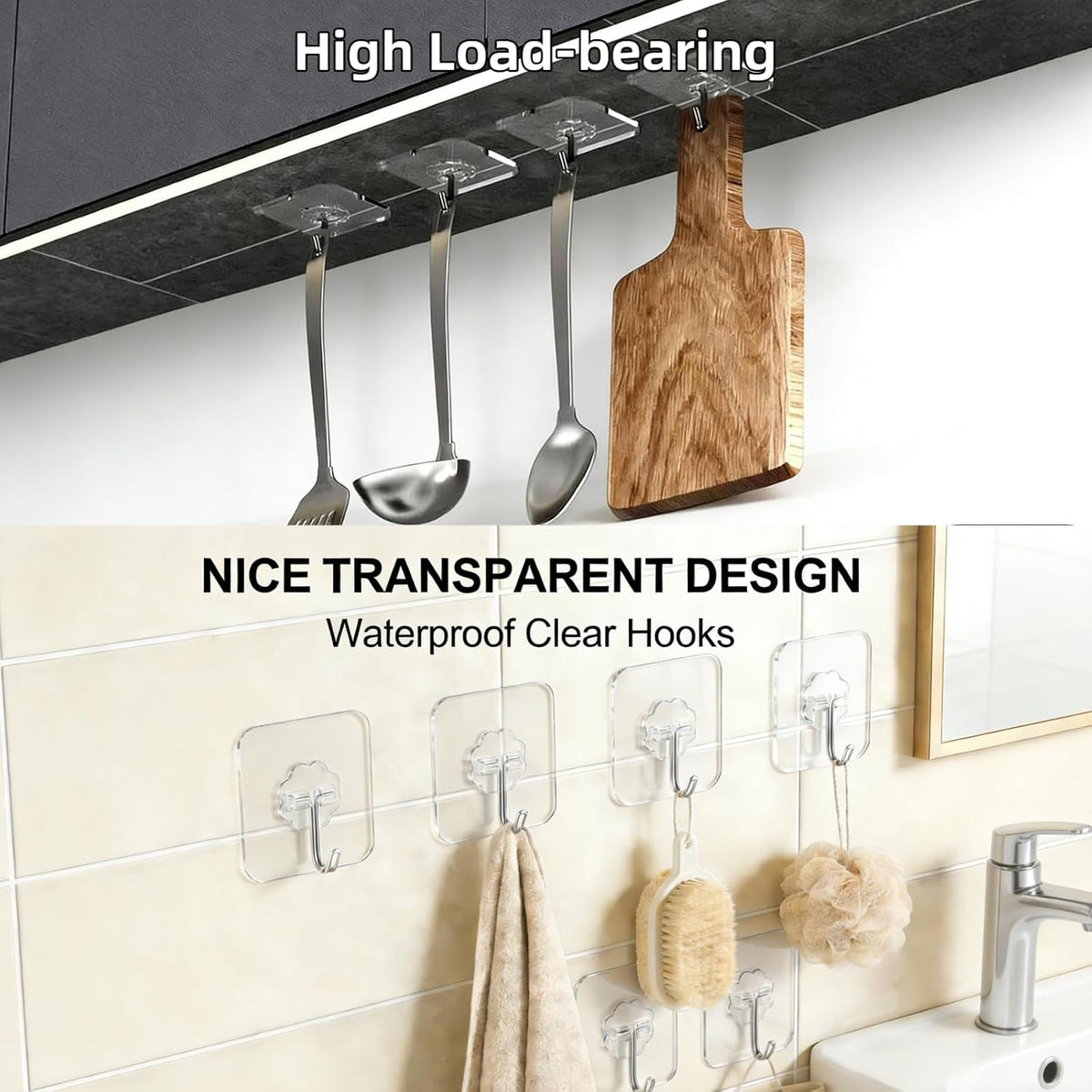 Adhesive Wall Hooks Heavy Duty 50LB Clear Hook 24 Pack for Hanging