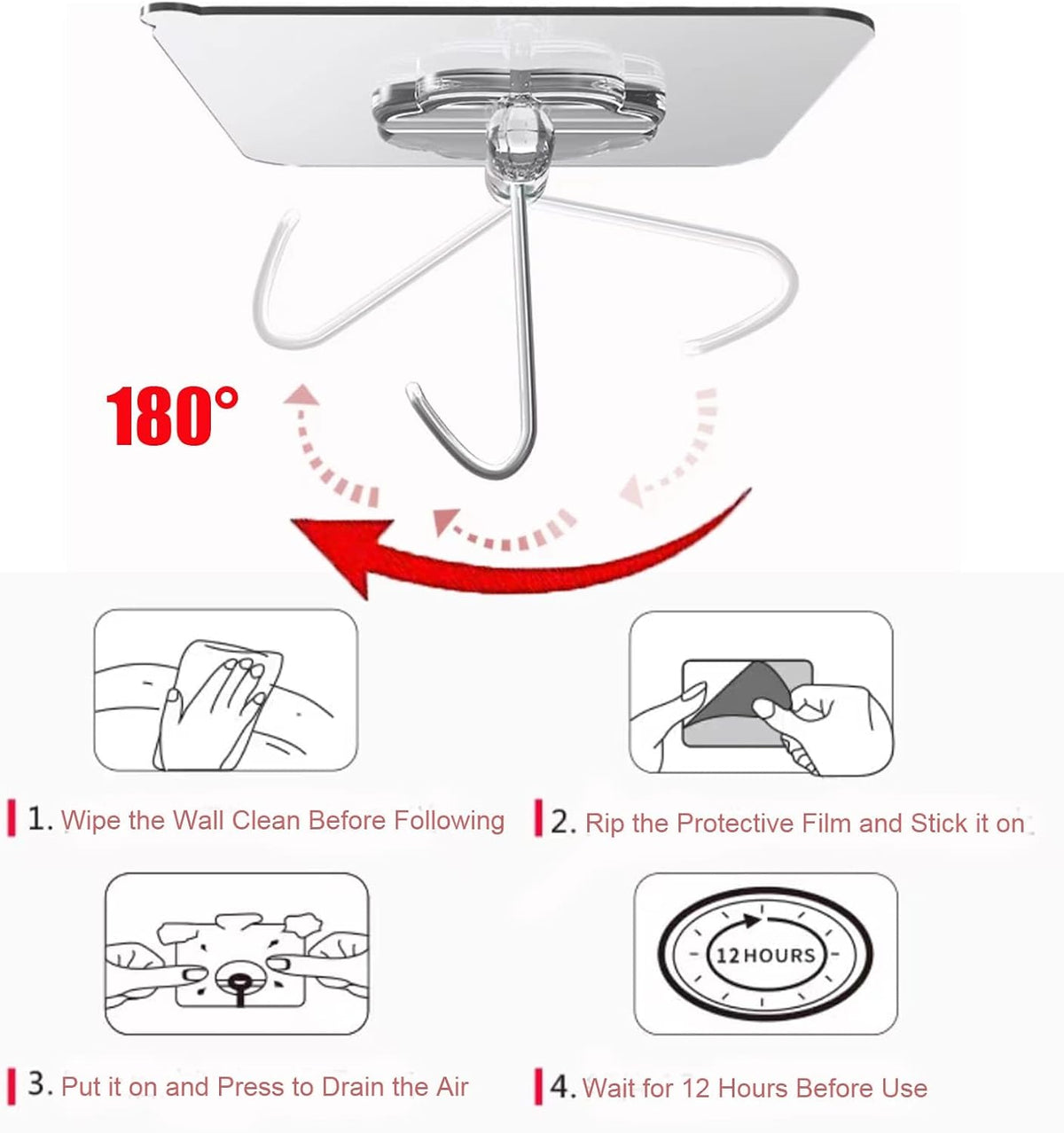 Adhesive Wall Hooks Heavy Duty 50LB Clear Hook 24 Pack for Hanging