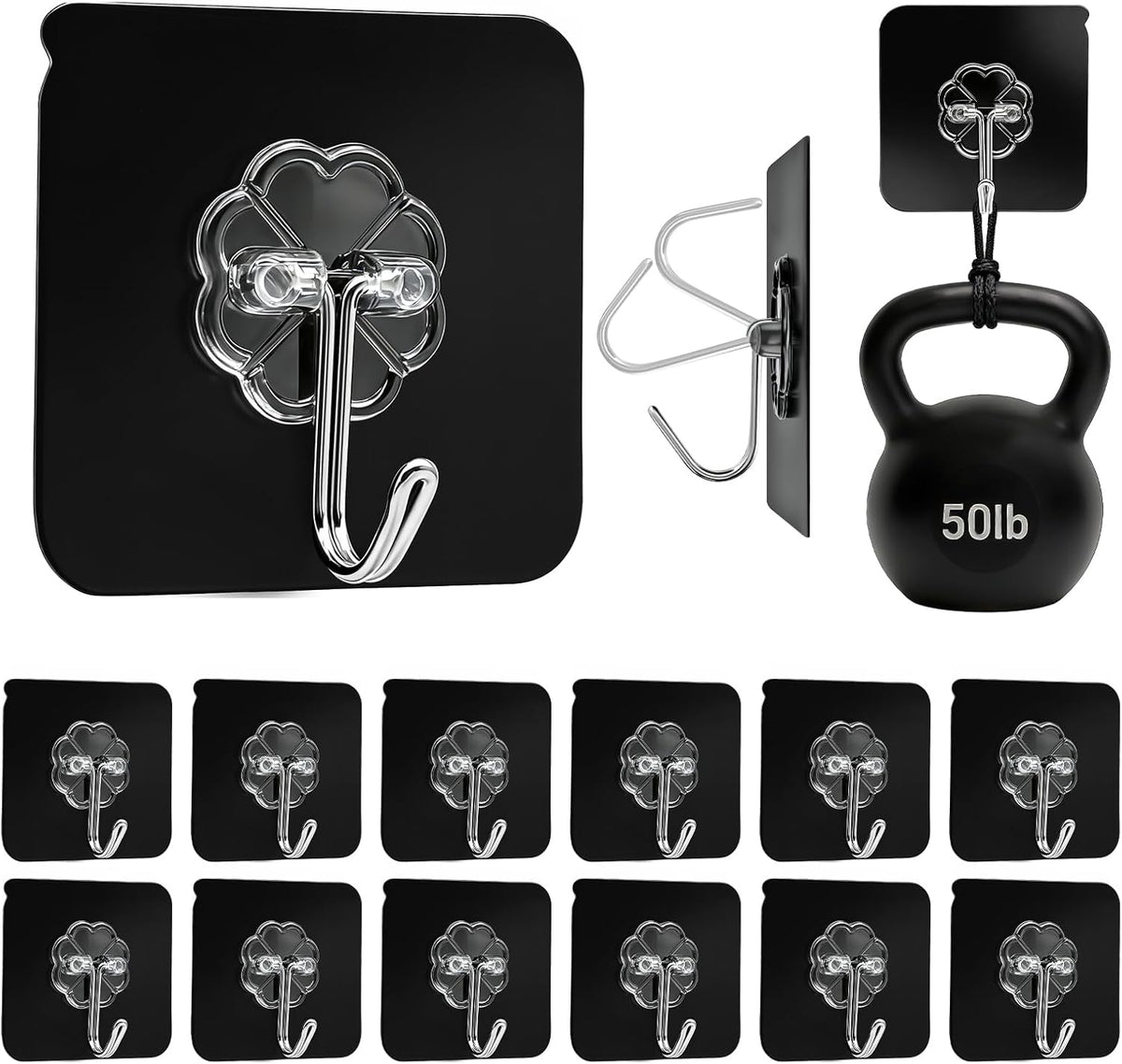 Adhesive Wall Hooks Heavy Duty 50LB Clear Hook 24 Pack for Hanging