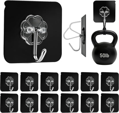 Adhesive Wall Hooks Heavy Duty 50LB Clear Hook 24 Pack for Hanging