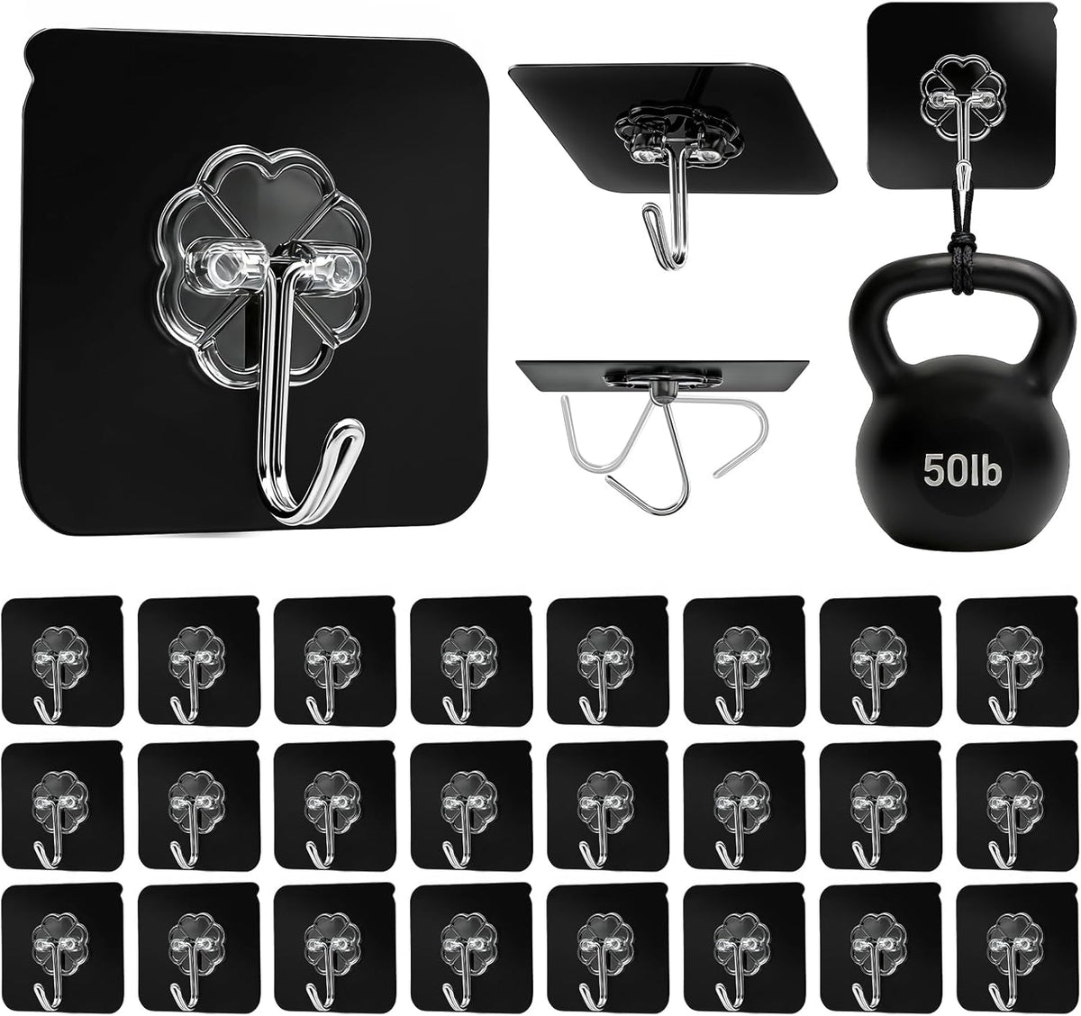 Adhesive Wall Hooks Heavy Duty 50LB Clear Hook 24 Pack for Hanging