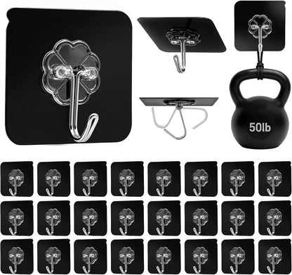 Adhesive Wall Hooks Heavy Duty 50LB Clear Hook 24 Pack for Hanging