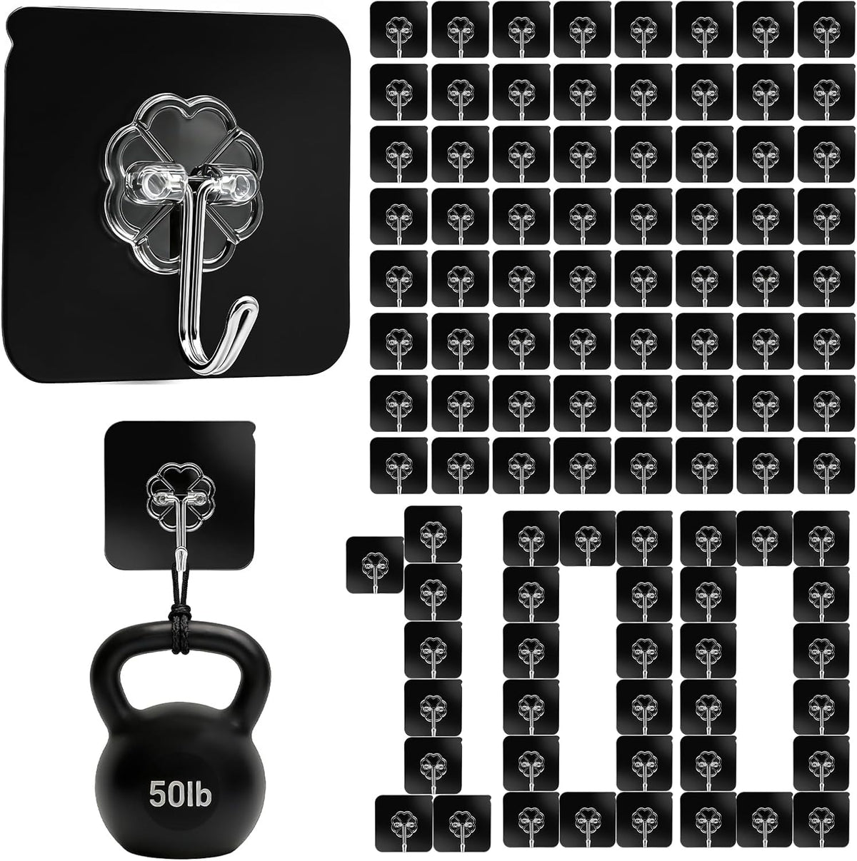 Adhesive Wall Hooks Heavy Duty 50LB Clear Hook 24 Pack for Hanging