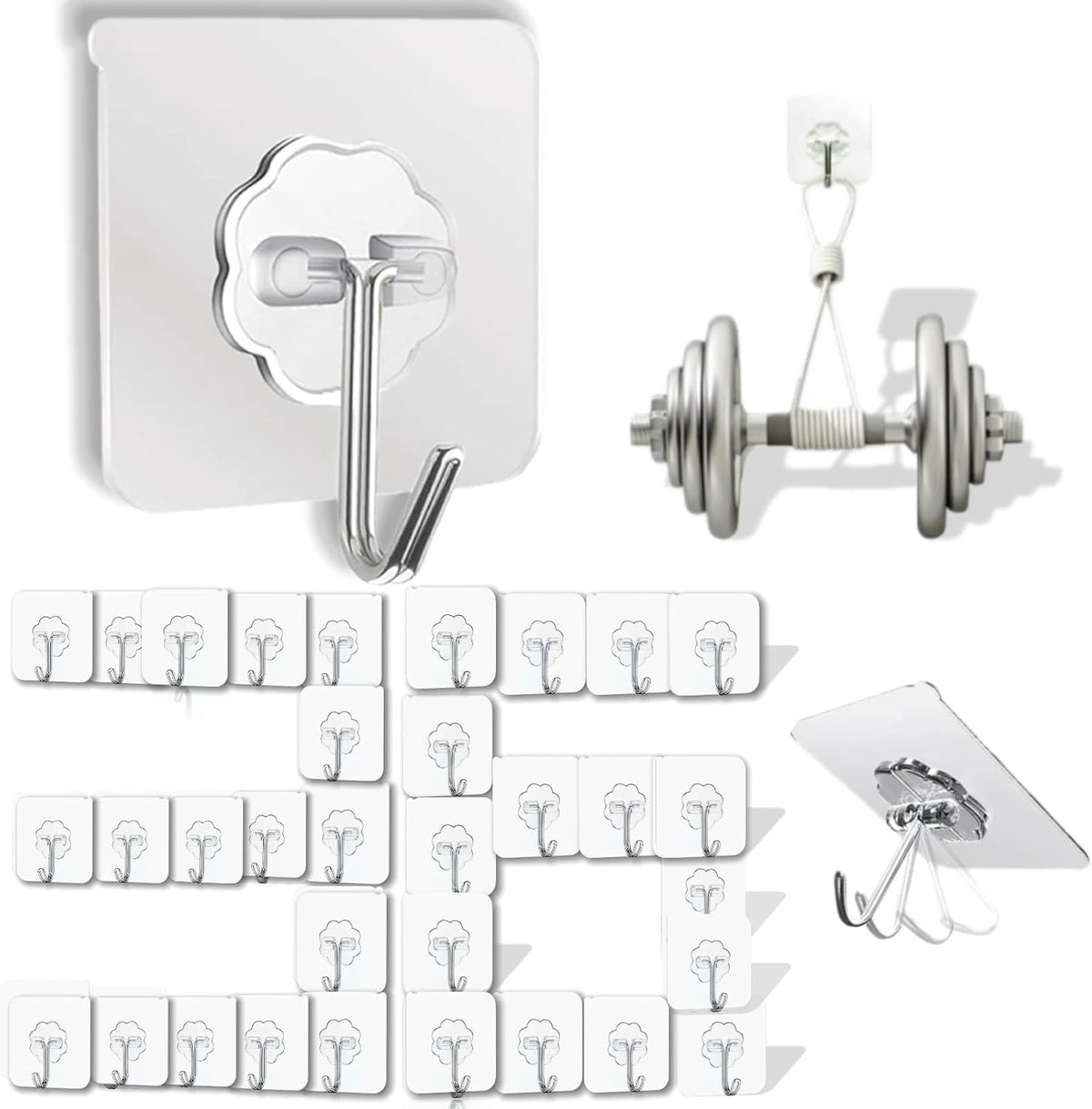 Adhesive Wall Hooks Heavy Duty 50LB Clear Hook 24 Pack for Hanging