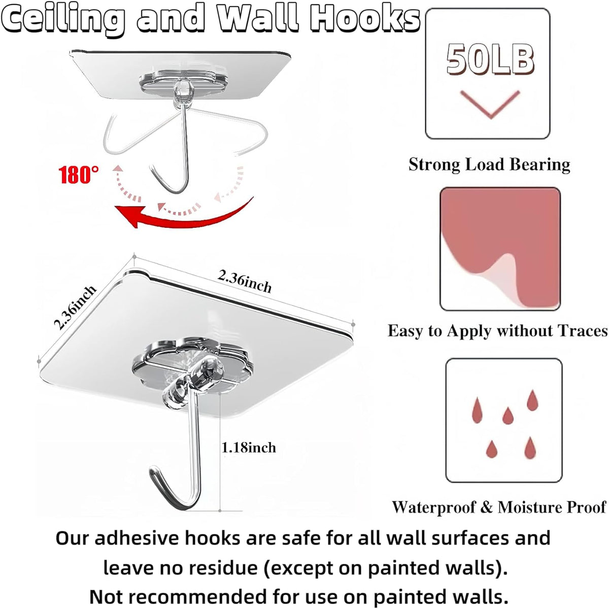 Adhesive Wall Hooks Heavy Duty 50LB Clear Hook 24 Pack for Hanging