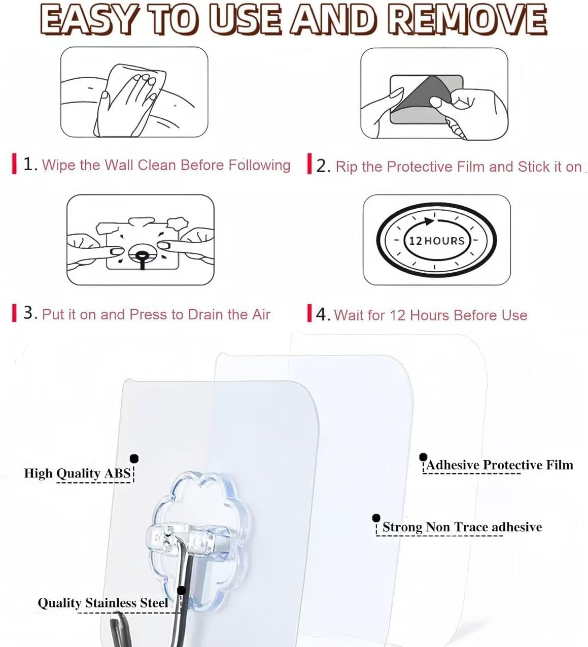 Adhesive Wall Hooks Heavy Duty 50LB Clear Hook 24 Pack for Hanging