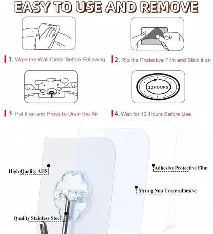 Adhesive Wall Hooks Heavy Duty 50LB Clear Hook 24 Pack for Hanging