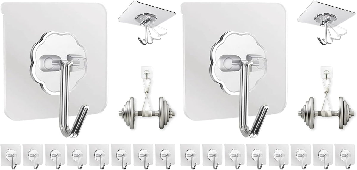 Adhesive Wall Hooks Heavy Duty 50LB Clear Hook 24 Pack for Hanging