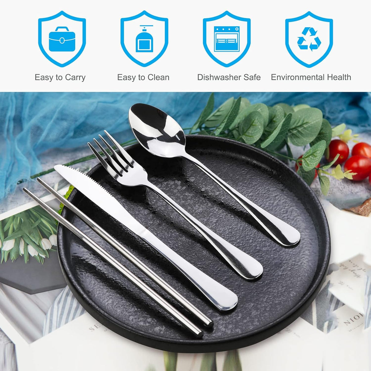 Portable Silverware Set with Case, Travel Camping Utensils Set, Premium Stainless Steel Travel Cutlery Set